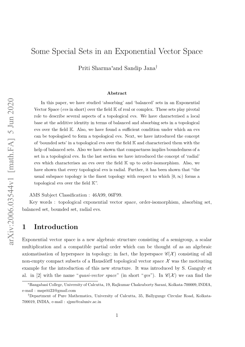 Some Special Sets in an Exponential Vector Space