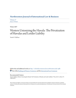 Western Unionizing the Hawala: the Rp Ivatization of Hawalas and Lender Liability Smriti S