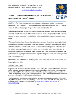 Texas Lottery Suspends Sales of Monopoly Millionaires' Club ™ Game