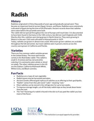 Radish History Radishes Originated in China Thousands of Years Ago and Gradually Spread West