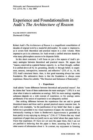 Experience and Foundationalism in Audi's the Architecture of Reason