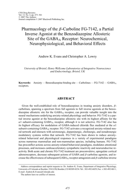 Pharmacology of the Β-Carboline FG-7142, a Partial