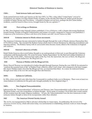 Historical Timeline of Hinduism in America 1780'S Trade Between