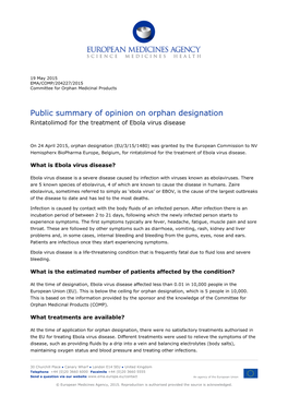 Public Summary of Opinion on Orphan Designation Rintatolimod for the Treatment of Ebola Virus Disease