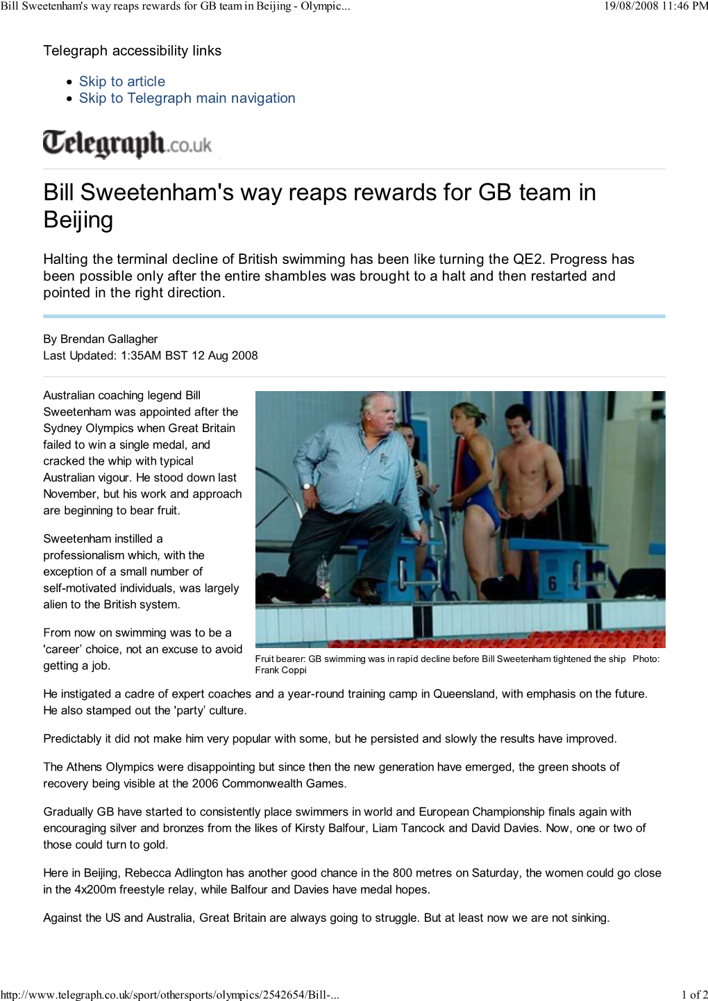 Bill Sweetenham's Way Reaps Rewards for GB Team in Beijing - Olympic