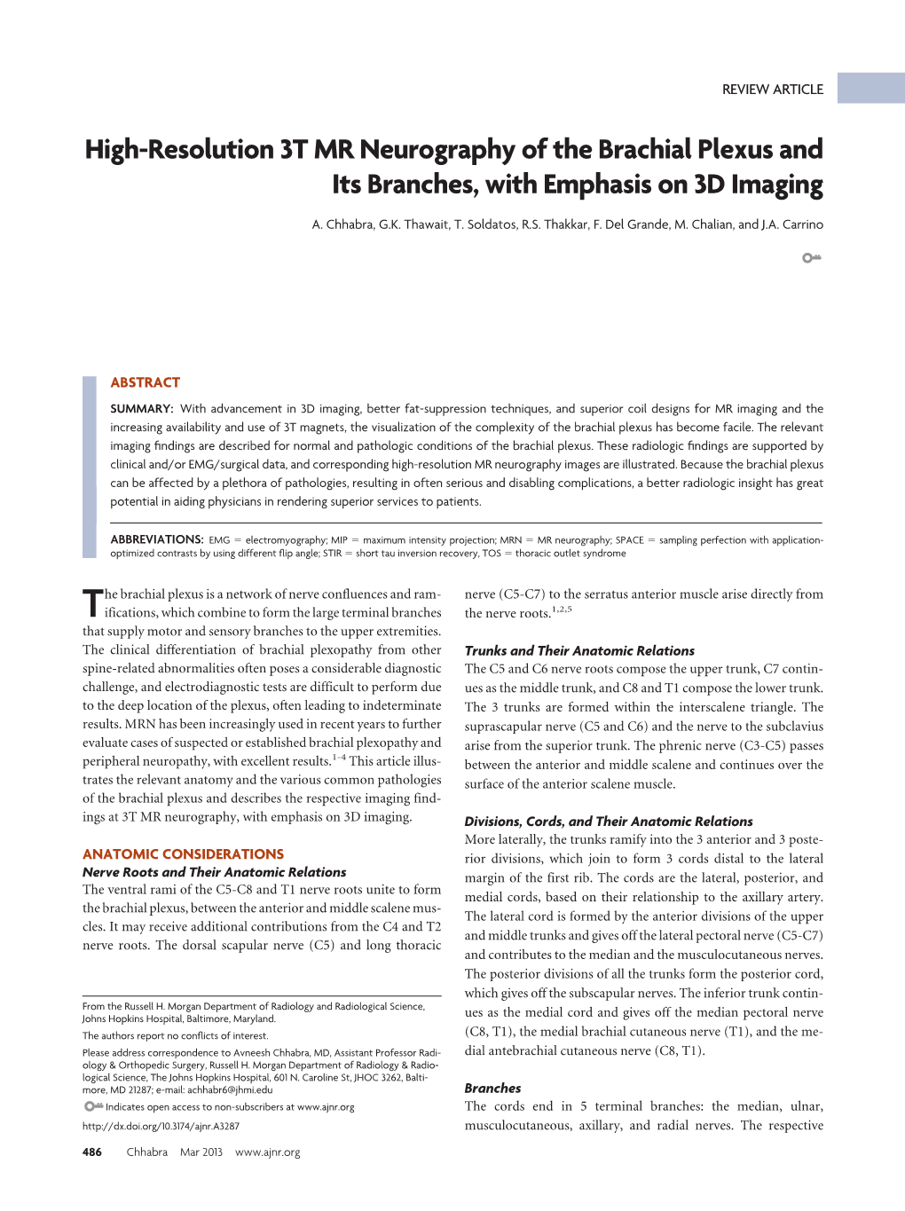 High-Resolution 3T MR Neurography of the Brachial Plexus and Its Branches, with Emphasis on 3D Imaging