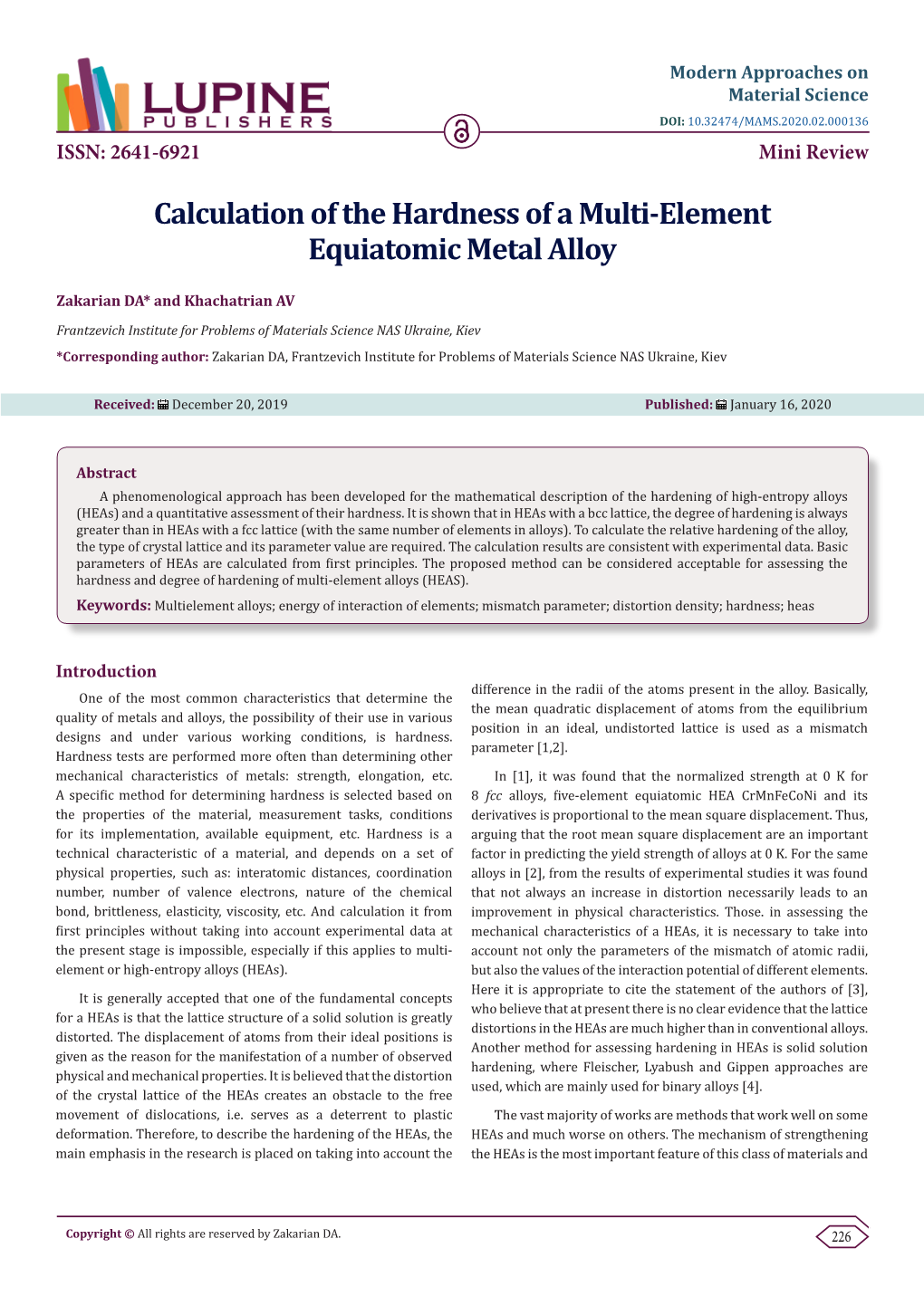 Calculation of the Hardness of a Multi-Element Equiatomic Metal Alloy