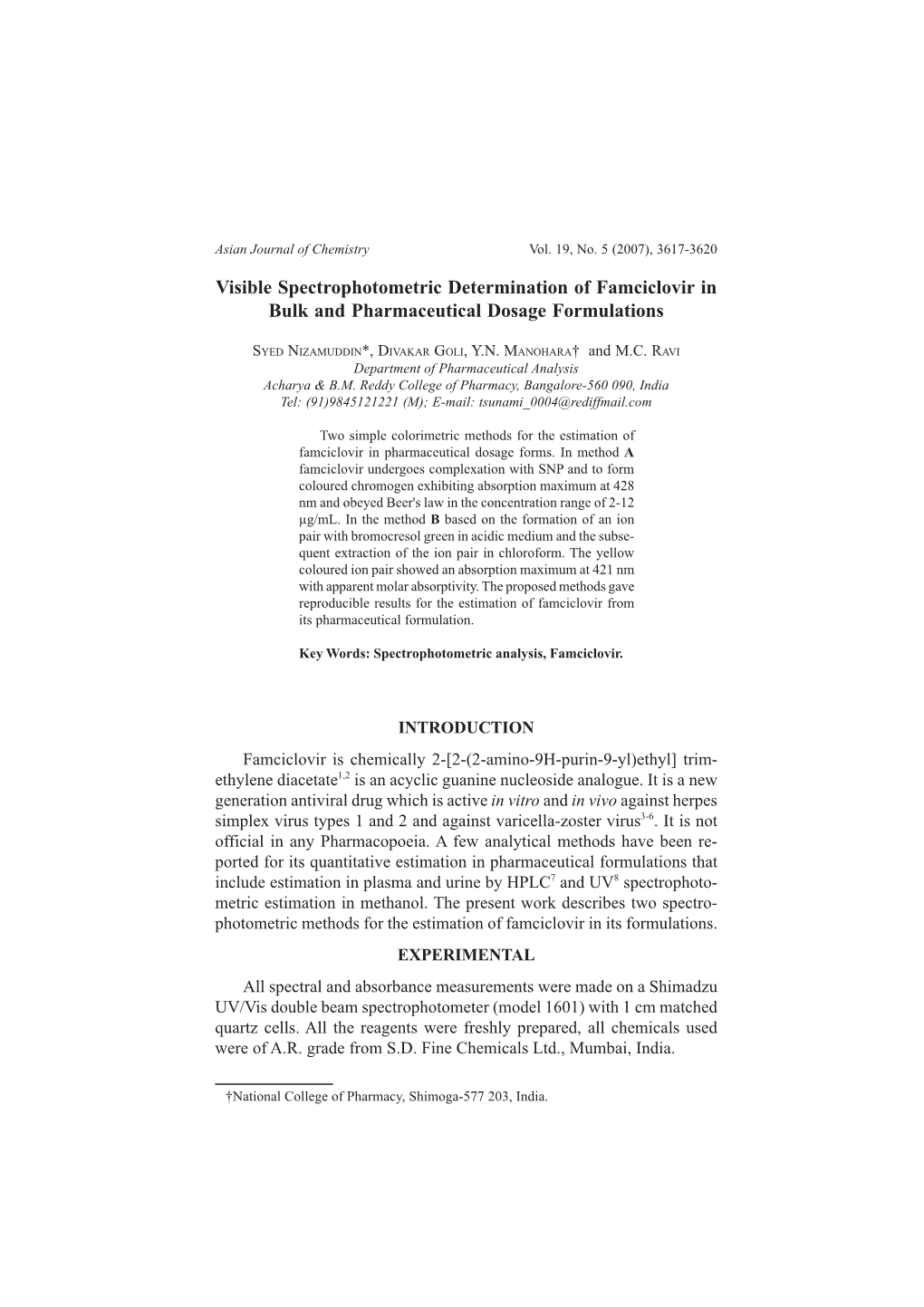 Visible Spectrophotometric Determination of Famciclovir in Bulk and Pharmaceutical Dosage Formulations