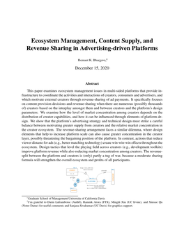 Ecosystem Management, Content Supply, and Revenue Sharing in Advertising-Driven Platforms