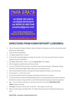 Directions from Komatiepoort (Lebombo)