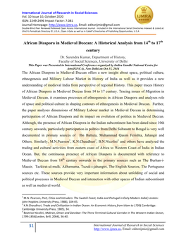 African Diaspora in Medieval Deccan: a Historical Analysis from 14Th to 17Th Century Dr