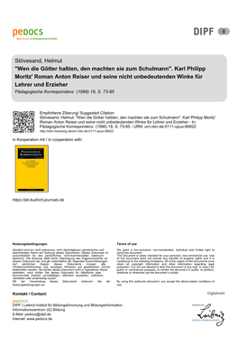 "Wen Die Götter Haßten, Den Machten Sie Zum Schulmann". Karl Philipp Moritz' Roman Anton Reiser Und Seine Nicht