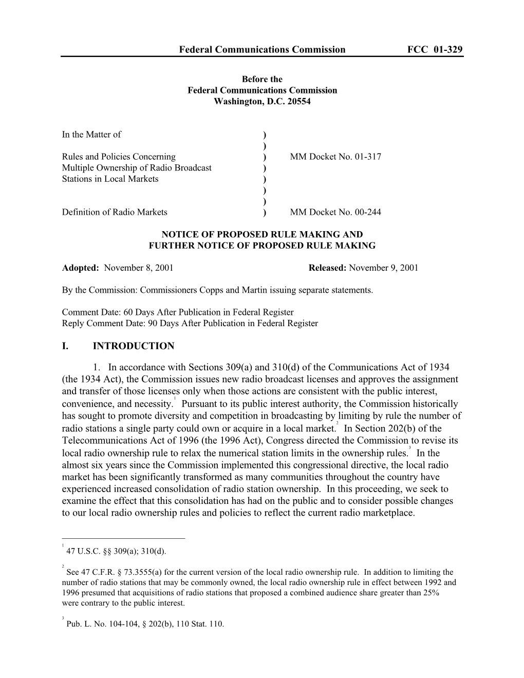 Federal Communications Commission FCC 01-329 I. INTRODUCTION 1