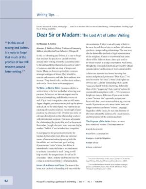 Dear Sir Or Madam: the Lost Art of Letter Writing, 19 Perspectives: Teaching Legal Res