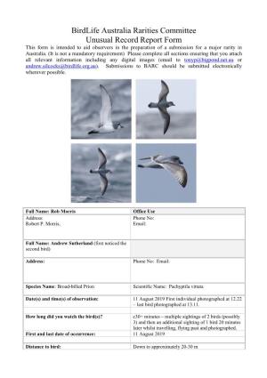 Birdlife Australia Rarities Committee Unusual Record Report Form
