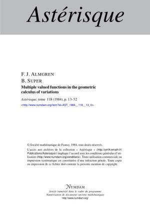 Multiple Valued Functions in the Geometric Calculus of Variations Astérisque, Tome 118 (1984), P
