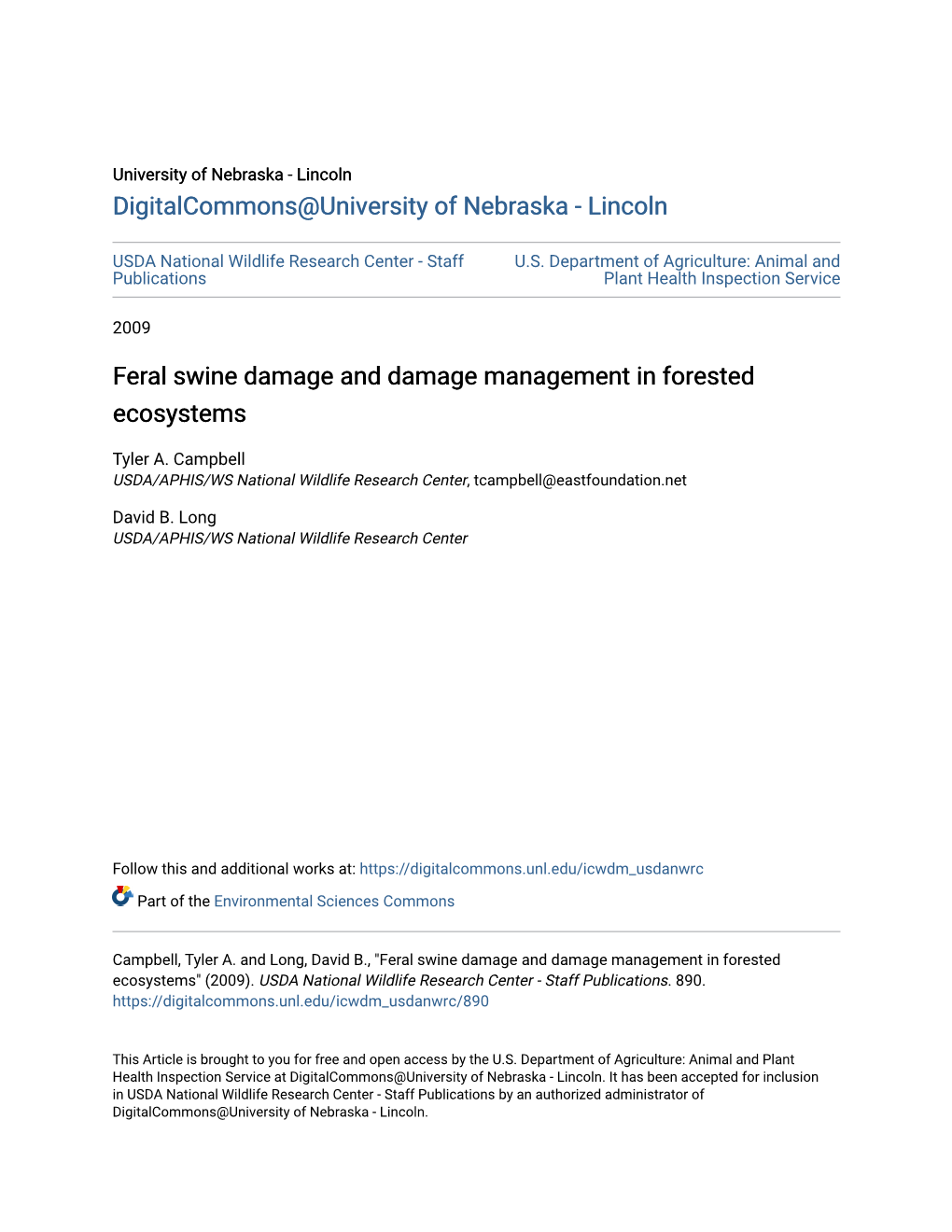 Feral Swine Damage and Damage Management in Forested Ecosystems