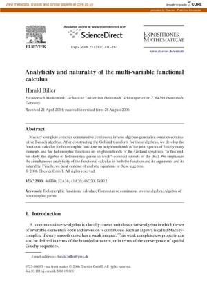 Analyticity and Naturality of the Multi-Variable Functional Calculus Harald Biller Fachbereich Mathematik, Technische Universität Darmstadt, Schlossgartenstr