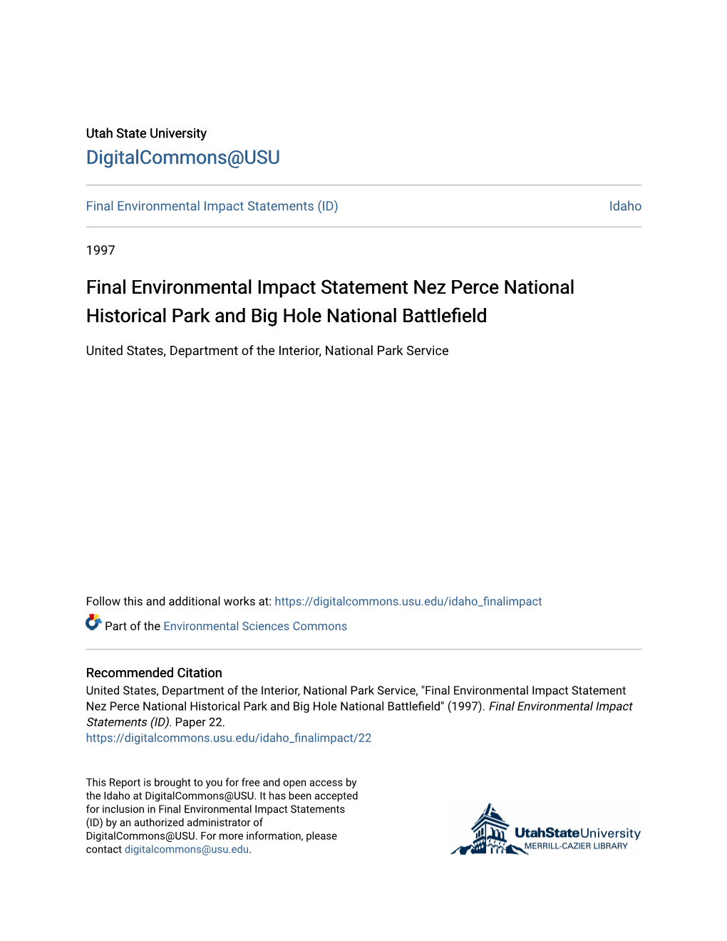 Final Environmental Impact Statement Nez Perce National Historical Park and Big Hole National Battlefield