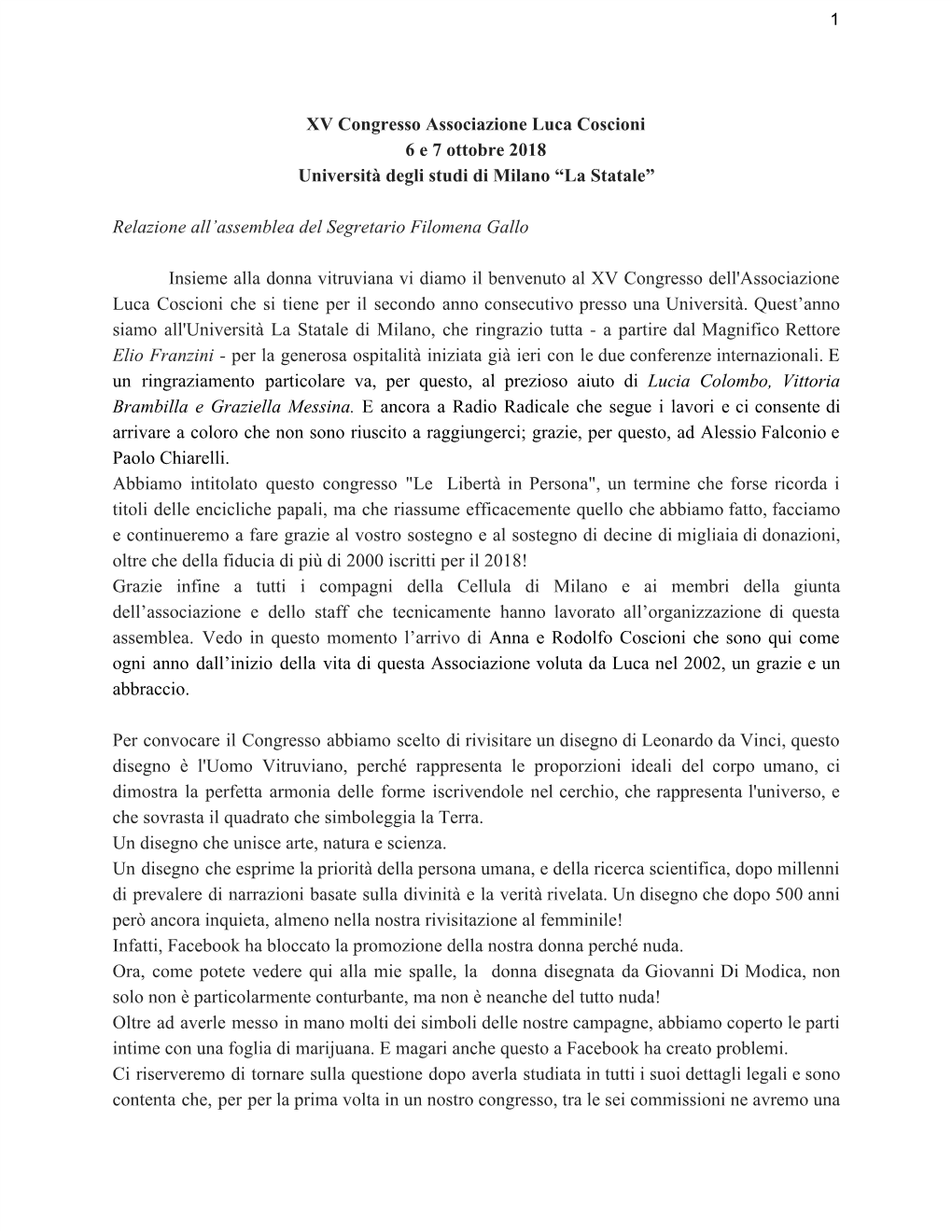 XV Congresso Associazione Luca Coscioni 6 E 7 Ottobre 2018 Università Degli Studi Di Milano “La Statale”