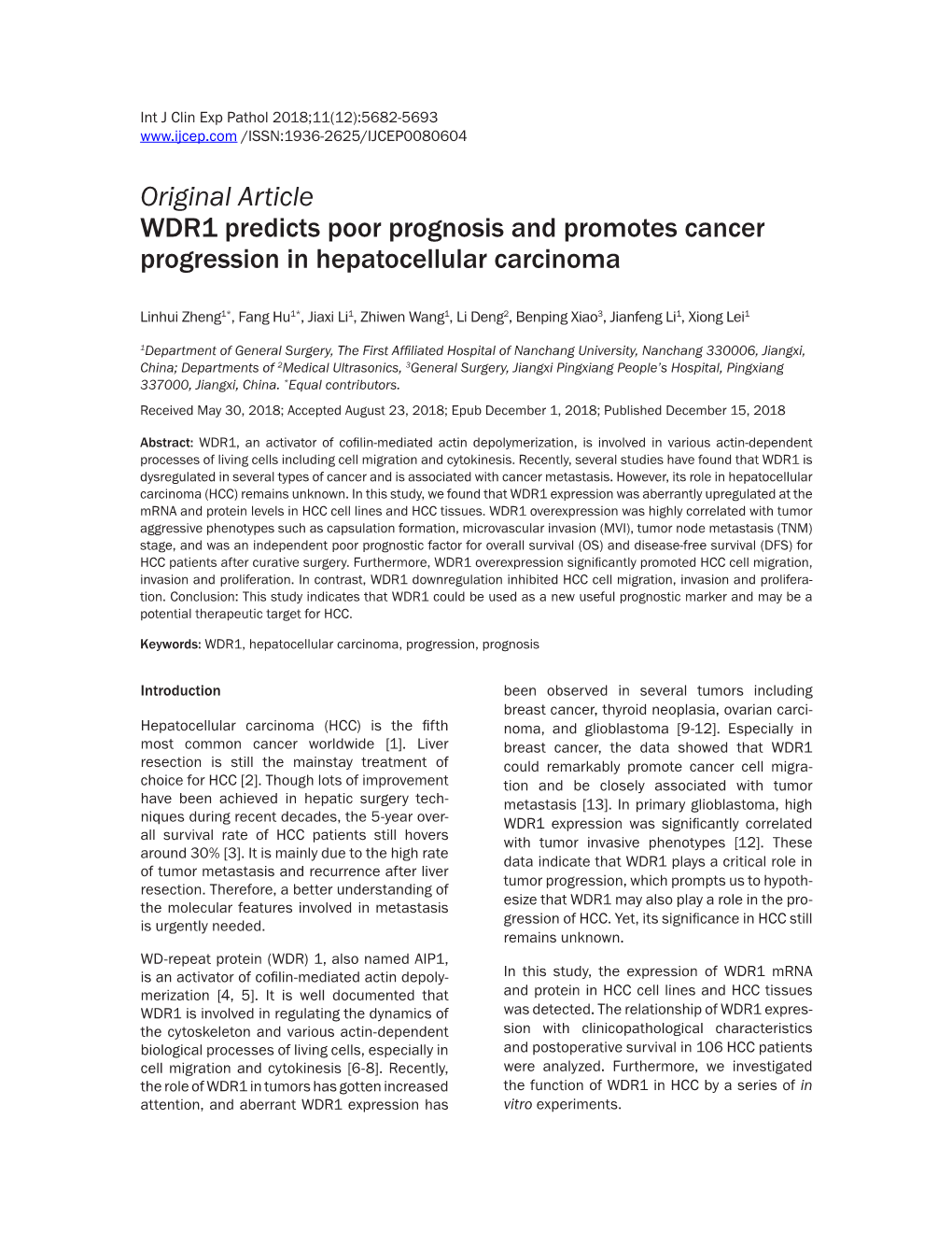 Original Article WDR1 Predicts Poor Prognosis and Promotes Cancer Progression in Hepatocellular Carcinoma