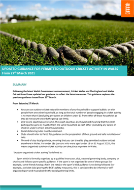 UPDATED GUIDANCE for PERMITTED OUTDOOR CRICKET ACTIVITY in WALES from 27Th March 2021