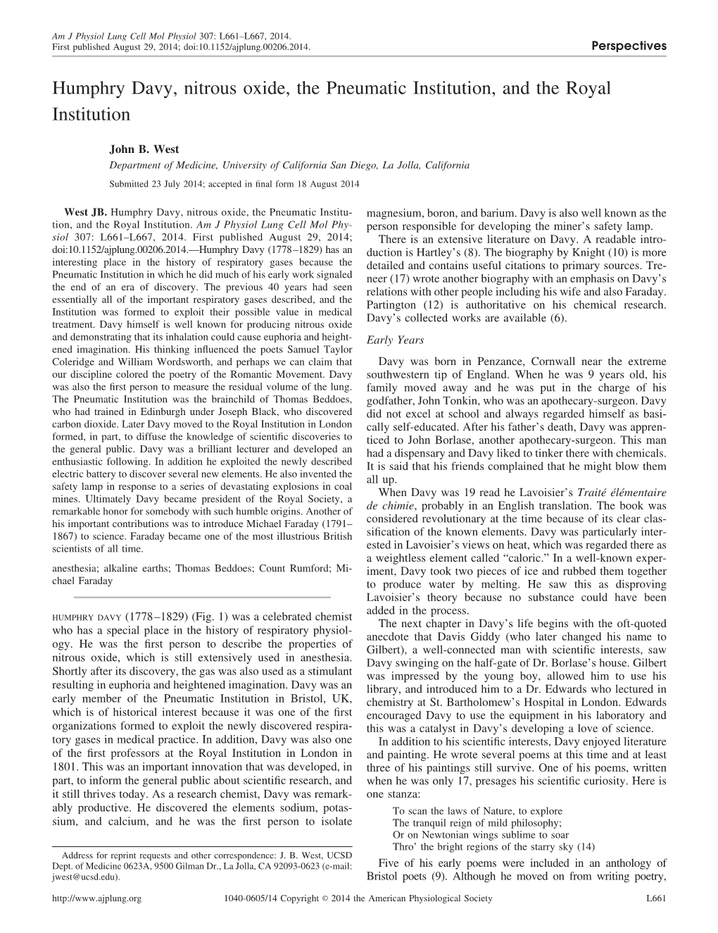 Humphry Davy, Nitrous Oxide, the Pneumatic Institution, and the Royal Institution