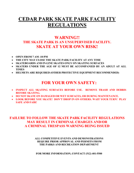 Cedar Park Skate Park Rules and Regulations