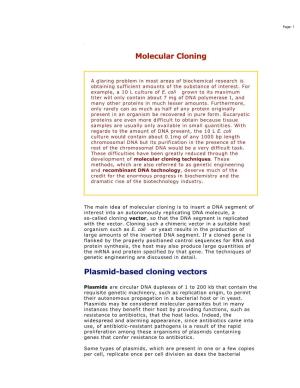 Molecular Cloning Plasmid-Based Cloning Vectors