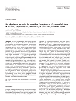 Social Polymorphism in the Sweat Bee Lasioglossum (Evylaeus) Baleicum (Cockerell) (Hymenoptera, Halictidae) in Hokkaido, Northern Japan