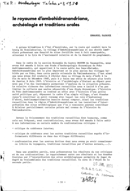 Le Royaume D'ambohidranandriana, Archéologie Et Traditions Orales