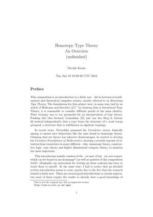 Homotopy Type Theory an Overview (Unﬁnished)