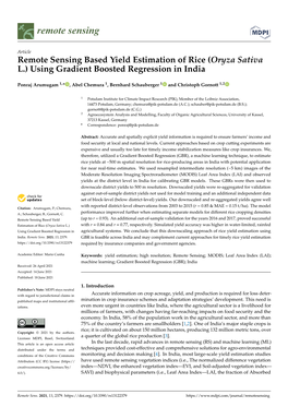 Remote Sensing Based Yield Estimation of Rice (Oryza Sativa L.) Using Gradient Boosted Regression in India