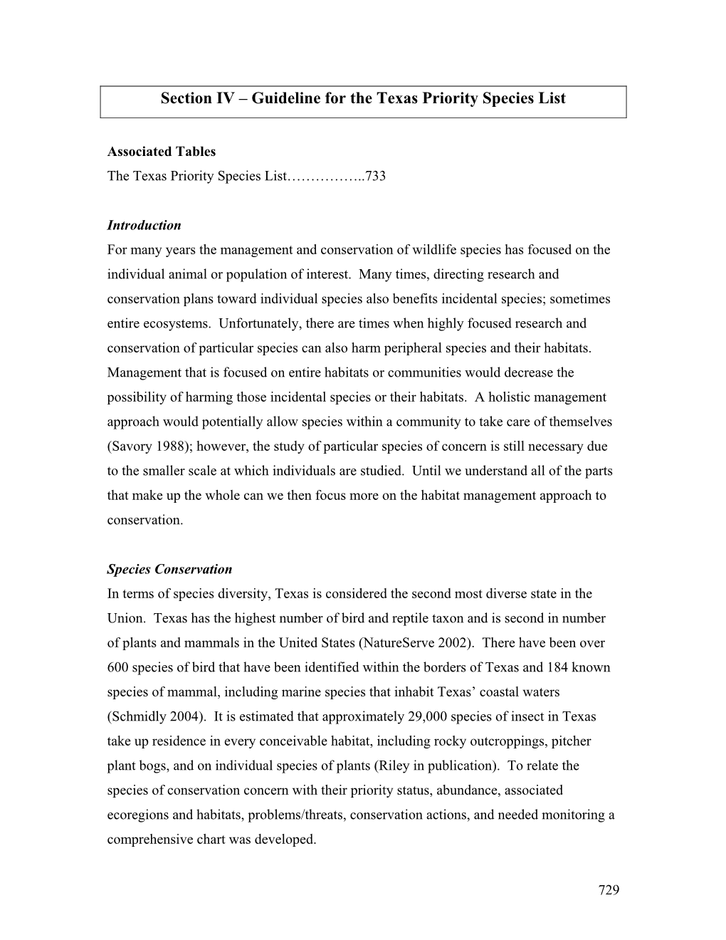 Section IV – Guideline for the Texas Priority Species List