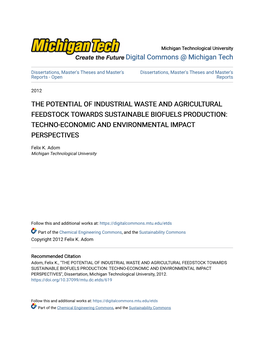 The Potential of Industrial Waste and Agricultural Feedstock Towards Sustainable Biofuels Production: Techno-Economic and Environmental Impact Perspectives