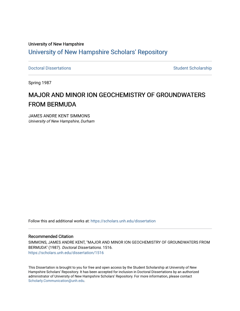 Major and Minor Ion Geochemistry of Groundwaters from Bermuda