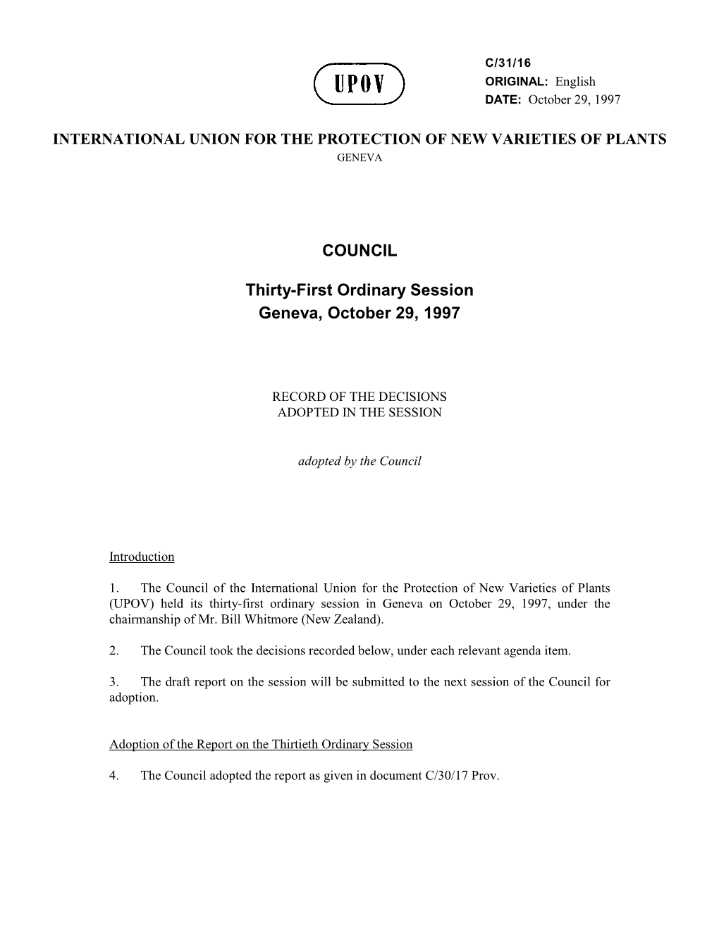 COUNCIL Thirty-First Ordinary Session Geneva, October 29, 1997