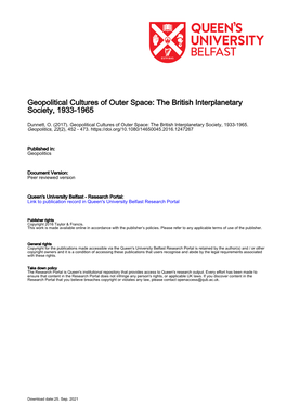 Geopolitical Cultures of Outer Space: the British Interplanetary Society, 1933-1965