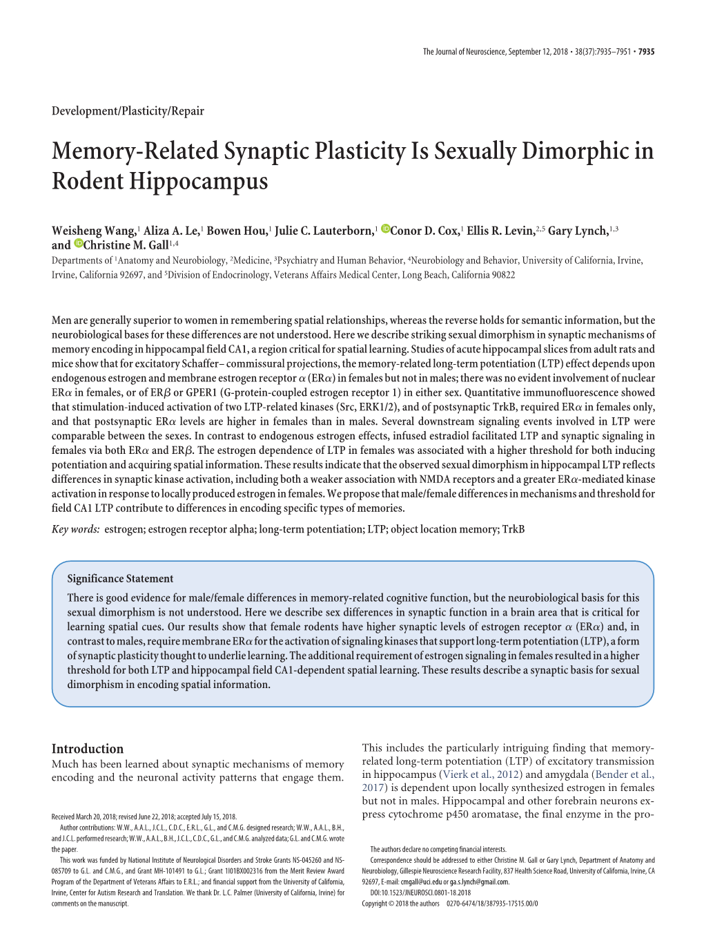 Memory-Related Synaptic Plasticity Is Sexually Dimorphic in Rodent Hippocampus