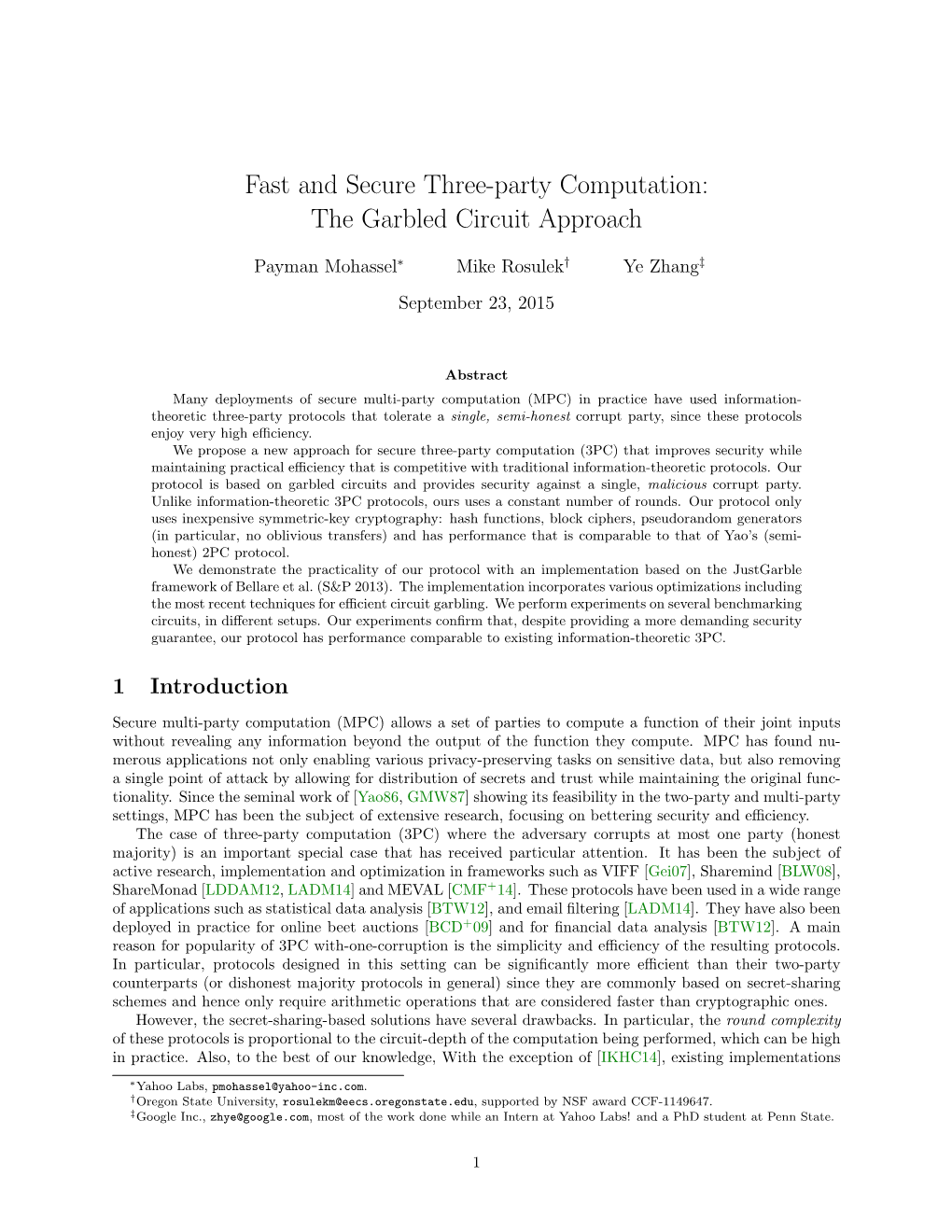 Fast and Secure Three-Party Computation: the Garbled Circuit Approach