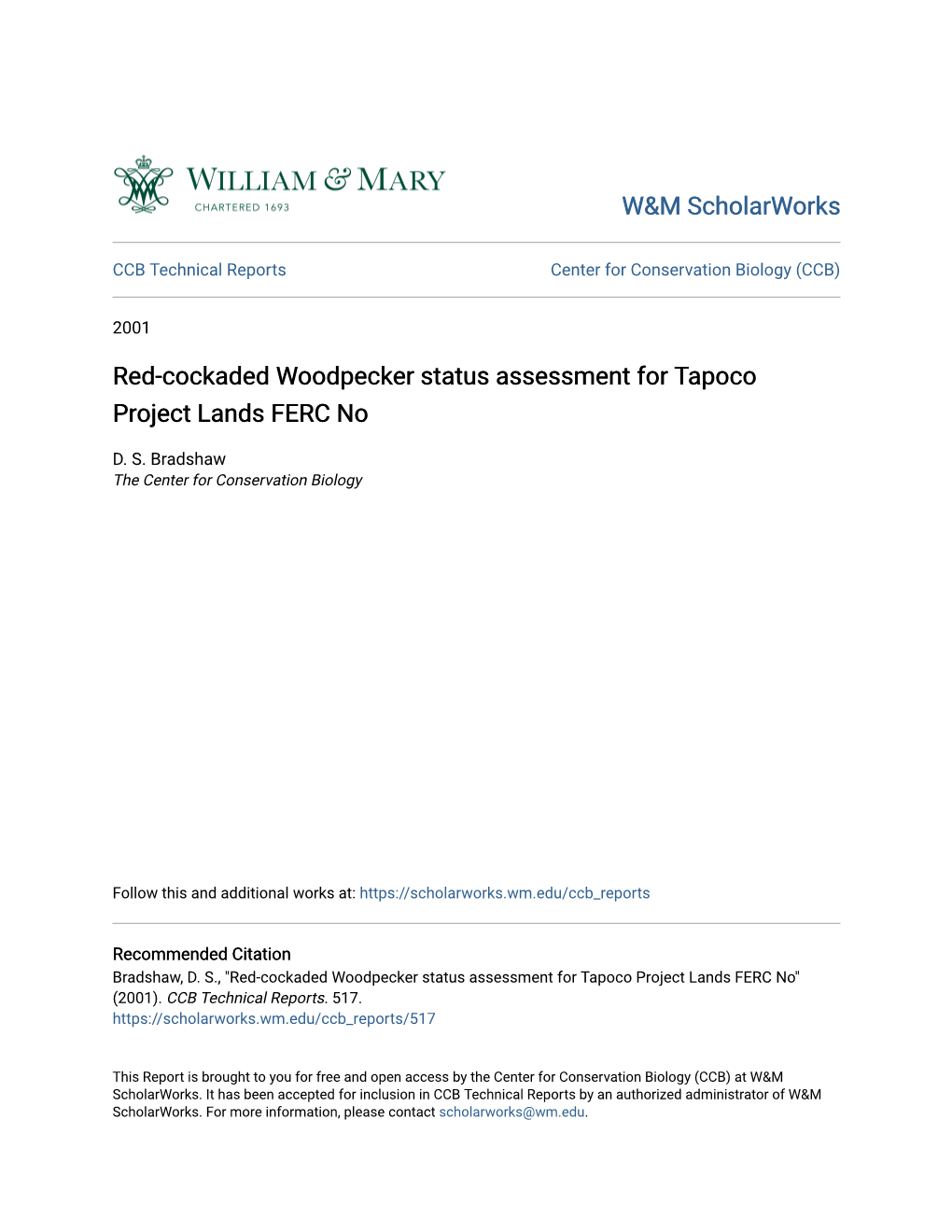 Red-Cockaded Woodpecker Status Assessment for Tapoco Project Lands FERC No