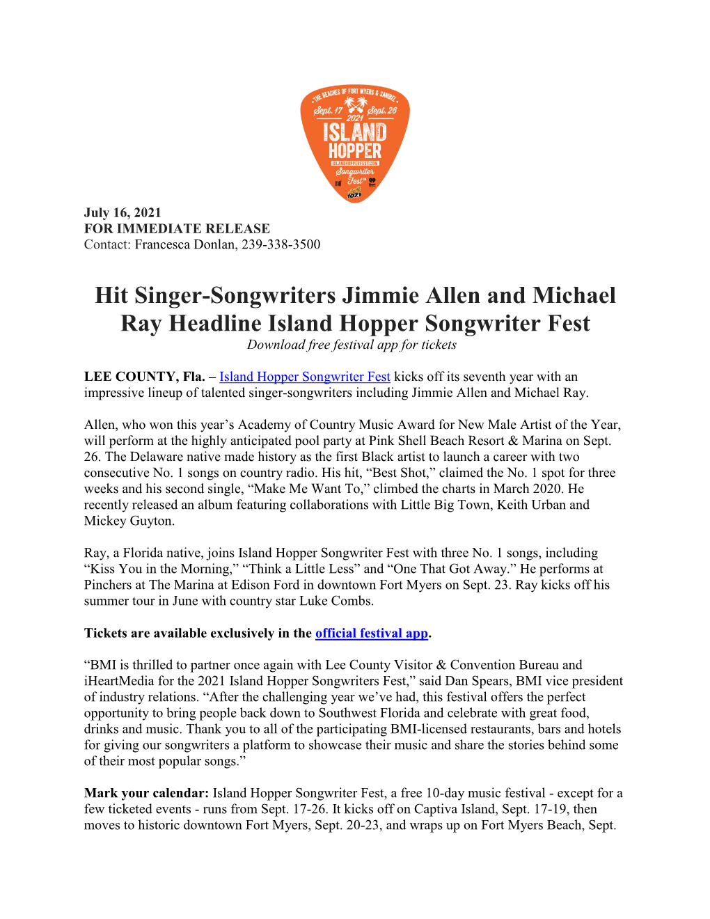 Jimmie Allen & Michael Ray Headline Island Hopper Fest