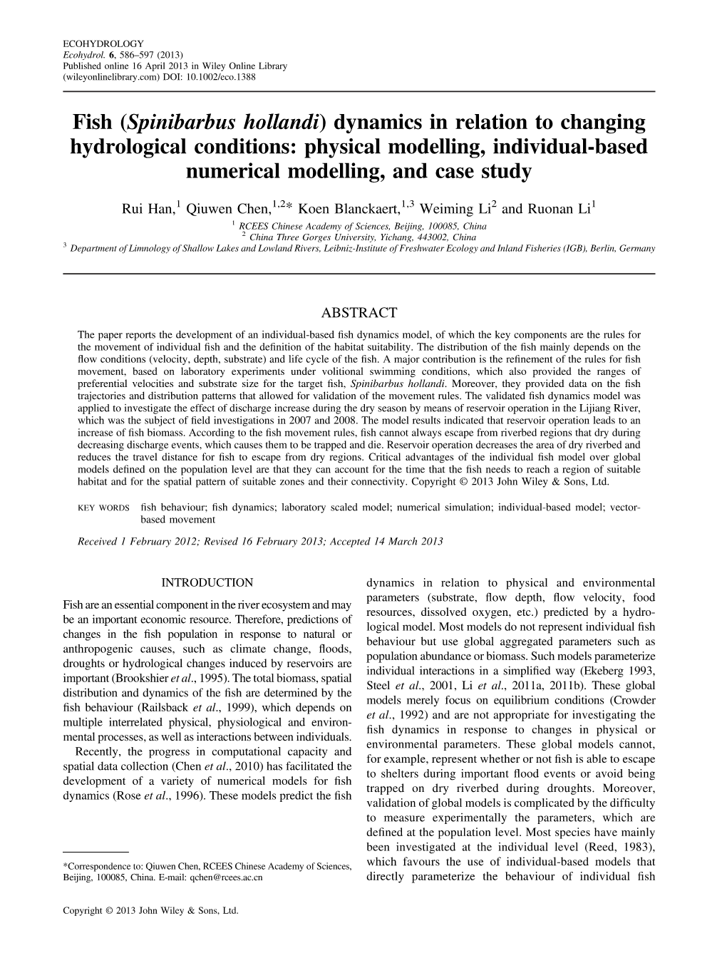 Fish (Spinibarbus Hollandi) Dynamics in Relation to Changing Hydrological Conditions: Physical Modelling, Individual-Based Numerical Modelling, and Case Study