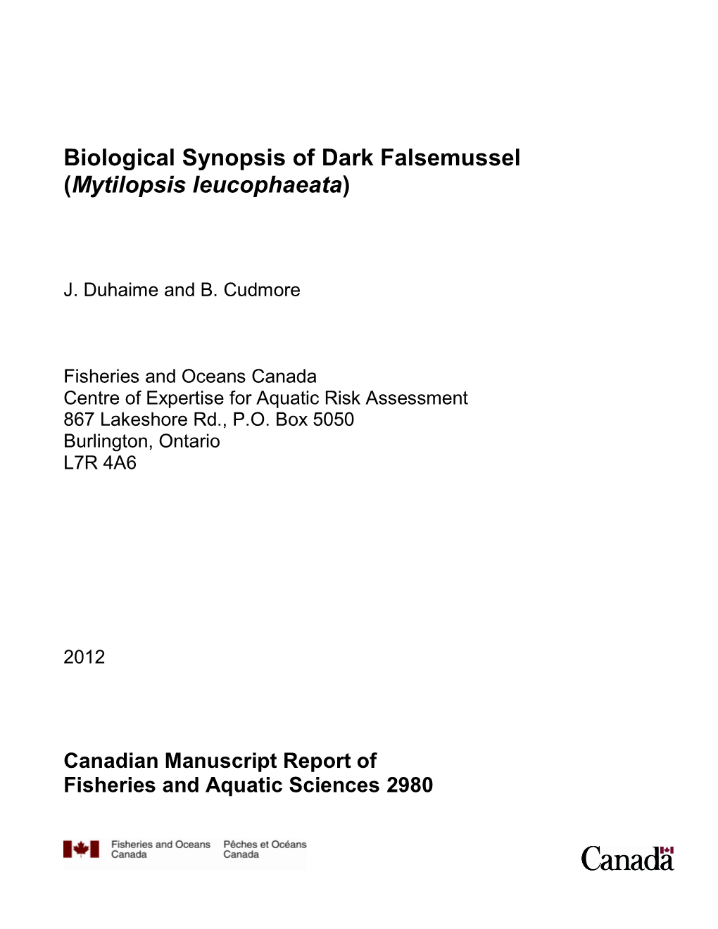 Biological Synopsis of Dark Falsemussel (Mytilopsis Leucophaeata)