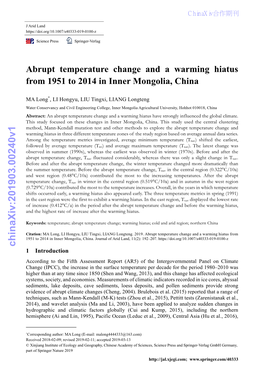 Abrupt Temperature Change and a Warming Hiatus from 1951 to 2014 in Inner Mongolia, China