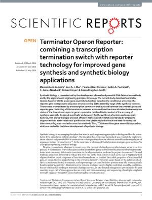 Terminator Operon Reporter: Combining a Transcription Termination Switch with Reporter Technology for Improved Gene Synthesis and Synthetic Biology Applications
