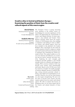 Creative Cities in Central and Eastern Europe – Examining the Position of Győr from the Creative and Cultural Aspects of This Macro-Region