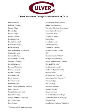 Culver Academies College Matriculation List, 2019