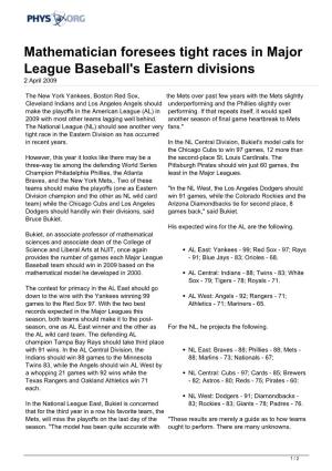 Mathematician Foresees Tight Races in Major League Baseball's Eastern Divisions 2 April 2009
