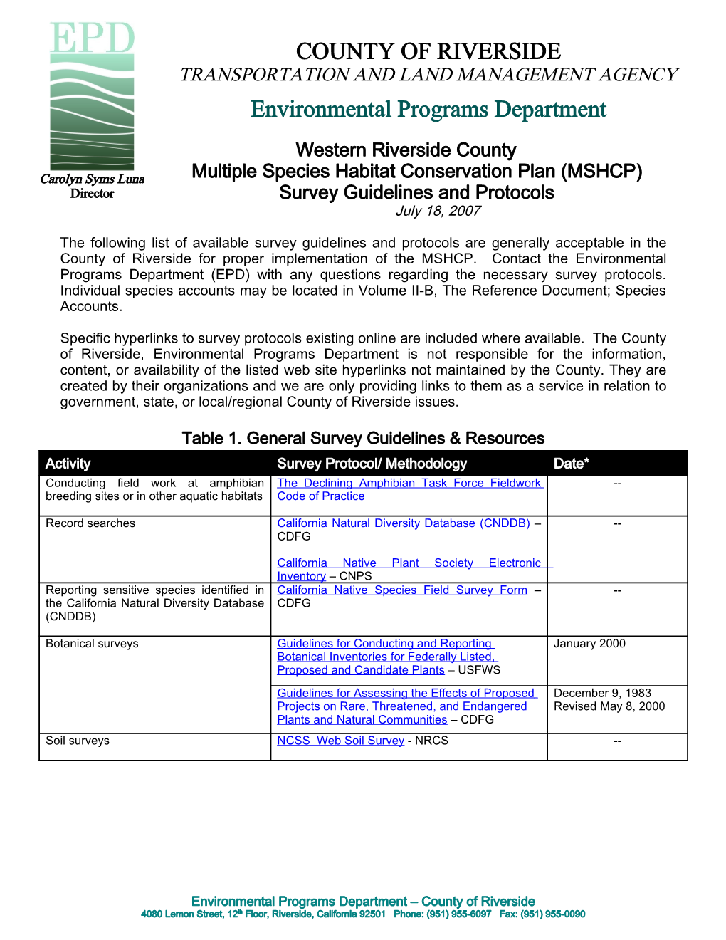 Western Riverside County MSHCP Survey Guidelines & Protocols